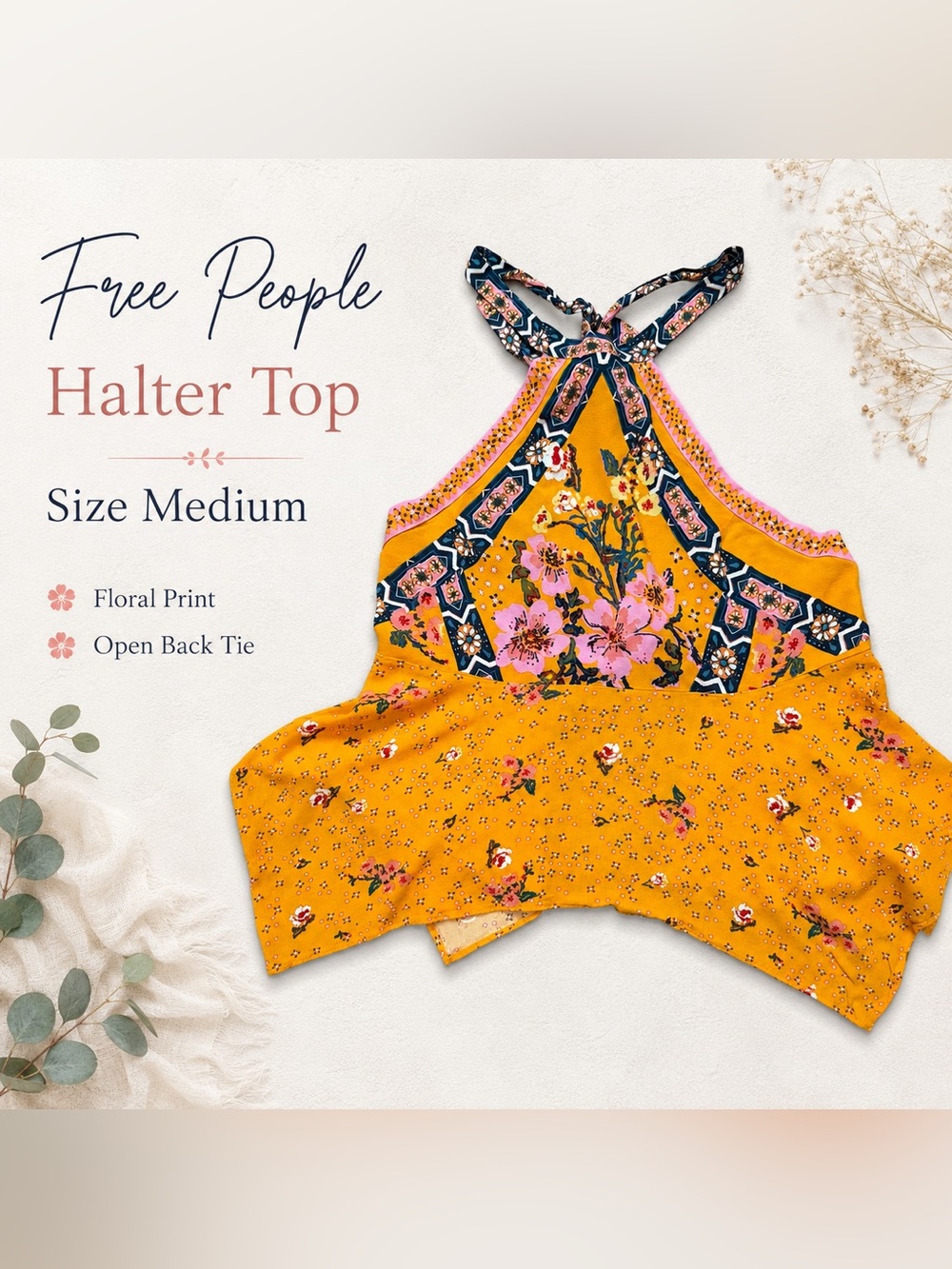 Free People Yellow Floral Halter Tank Top